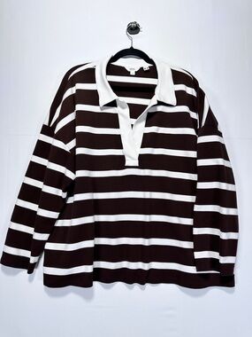 Penningtons Brown White Striped Rugby Polo Long Sleeve Preppy Coastal Size 2X